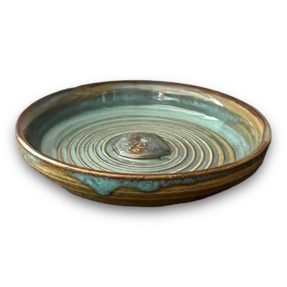 Pottery Ring Trinket Dish Brown & Sea Foam Green with Sculpted Sea Urchi… - Picture 2 of 5